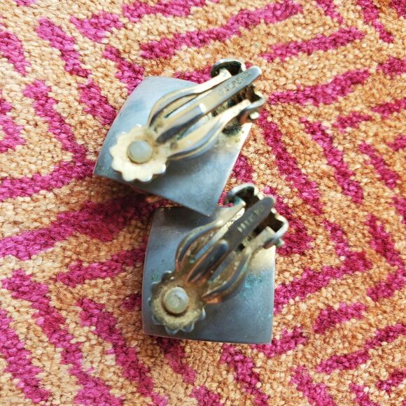 Abstract Goldstone Clip Earrings Amber Adventurine Copper Wire Vintage Mod Retro - Picture 10 of 16